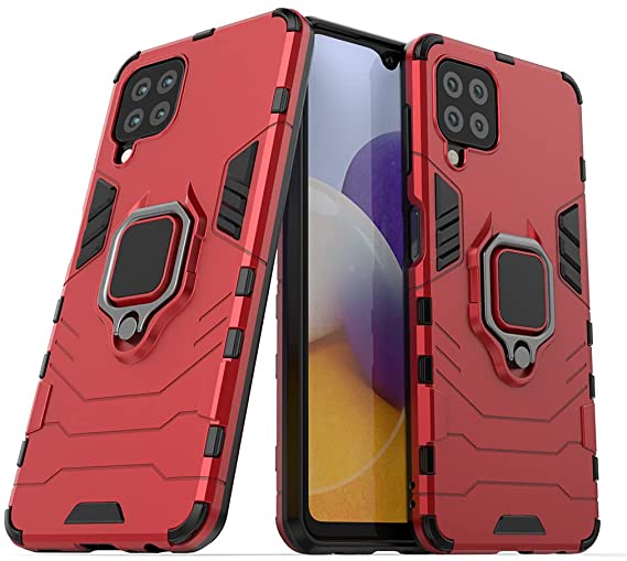 Compatible with Samsung Galaxy A22 4G Case, Metal Ring Grip Kickstand Shockproof Hard Bumper (Works with Magnetic Car Mount) Dual Layer Rugged Cover (Red)