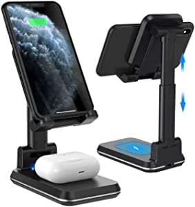 Wireless Charging Phone Stand,Foldable Desktop Cell Phone Tablet Stand,10W Max Qi-Enabled Wireless Charging Multi-Angle Adjustable Metal Phone Holder for iPhone 11/ES/MAX/XS/XR/X/8,AirPods/Pro