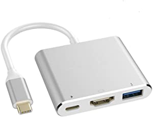 USB-C to HDMI Adapte USB 3.1 Type C to HDMI 3-in-1Multiport Adapter 4K 30Hz USB 3.0+USB-C Converter Cable,Adapter Cable for Chromebook Pixel/New MacBook and More Type C Devices Color Silver