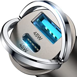 45W Zinc Alloy Fast Car Charger, PD 3.0+QC 3.0 USB C Car Charger, Tollefe Pull Ring Mini PPS PD Dual Port USB Car Charger for iPhone 12/12 Pro/Max/12 Mini/11 Pro/Max/XR/XS/8 Samsung S21/20 - Gray