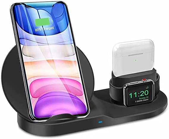 3 in 1 Wireless Charger Station for iPhone 12/11 Series/Xs/XS Max/XR/X/8/8P Qi Fast Wireless Charger Stand Pad for AirPods, Watch Wireless Charging Stand Dock Station for iWatch 1/2/3/4/5