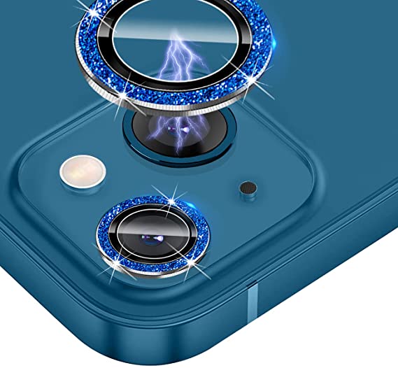 JOLOJO Bling Camera Lens Protector Compatible for iPhone 13/13 Mini Ultra Thin/Clear Tempered Glass [Anti-Scratch][Shatter/Water/Fog-Proof] Metal Cover Protection - Blue Diamond(Set of 2)
