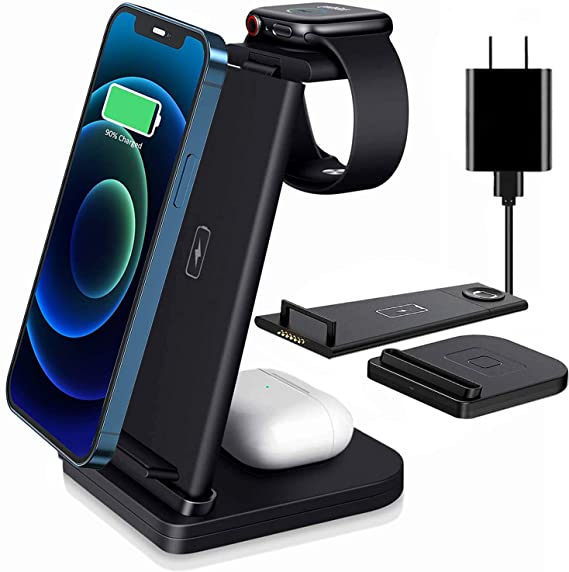 3 in 1 Wireless Charging Station, Qi-Certified 15W Fast Wireless Charger Stand for Apple Watch 5 4 3 2, AirPods Pro 2, iPhone 12 11 Pro Max Xs X Xr 8 Plus (with QC 3.0 Adapter)