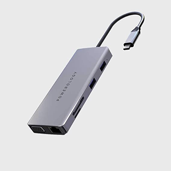 Powerology USB-C Hub 11 in 1 Charge & Sync Aluminum body with HDMI 4K VGA Ethernet USB 3.0 SDXC 60W PD for Macbook Pro/Dell XPS 13 & 15/Microsoft Surface Book/Asus Chromebook & Zenbook Pro and more.