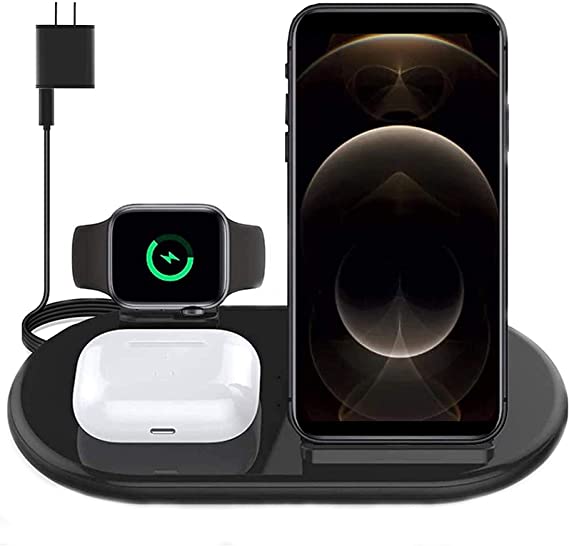 Wireless Charger 3 in 1, Wireless Charging Station Stand Compatible with Samsung Galaxy Buds, Earbuds Pro(2), Smart iWatch Series 6 5 4 3 2 1, iPhone /11/12/Pro/Max/XR/XS (with QC 3.0 Adapter)