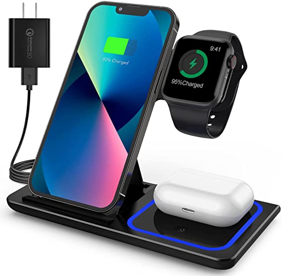 Wireless Charger, 3 in 1 Fast Wireless Charging Station Dock Compatible with iPhone 13/12/11/Pro/XS/XR/X/SE/8/8 Plus, 18W Wireless Charger Stand Compatible with Apple Watch Series 6/5/4/3/2/AirPods
