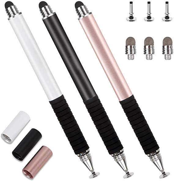 Capacitive Disc Stylus Pens, 2 in 1 Universal Stylist Pens for All Capacitive Touch Screens Cell Phones, iPad, Tablet, Laptops with 6 Replacement Tips (Black/White/Pink)