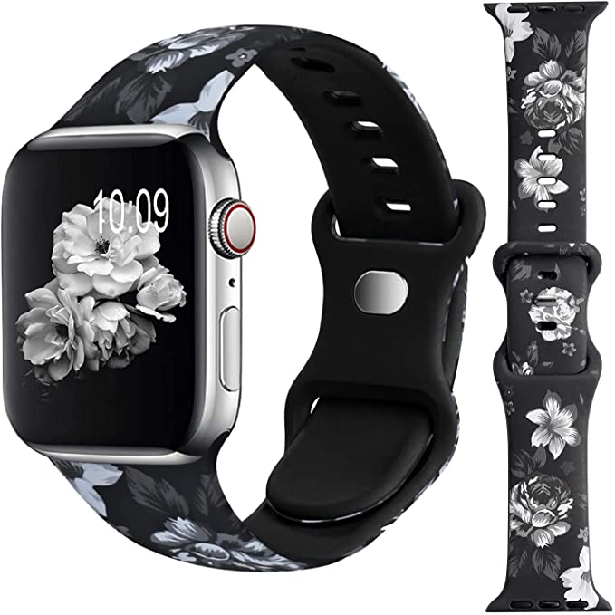 EXCHAR Compatible with Apple Watch Band 38mm 40mm 42mm 44mm Women Men, Fadeless Pattern Printed Floral Bands Silicone Replacement Band for iWatch Series 6/5/4 Series 3/2/1/SE
