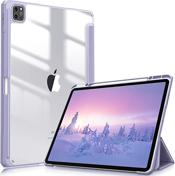 Fintie Hybrid Slim Case for iPad Pro 12.9-inch 5th Generation 2021 - [Built-in Pencil Holder] Shockproof Cover with Clear Transparent Back Shell, Also Fit iPad Pro 12.9" 4th/3rd Gen (Lilac Purple)