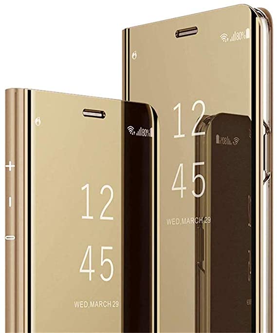 OOPKINS Samsung A52 5G case Luxury Bookstyle Clear View Window Electroplate Plating Stand Scratchproof Full Body Protective Flip Folio Ultra Slim Cover for Samsung Galaxy A52 PU Mirror:Golden MX