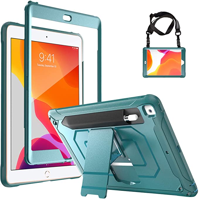 ProCase iPad 10.2 (2020 8th Generation/ 2019 7th Generation) Rugged Case with Screen Protector, Shockproof Heavy Duty Full Body Protective Cover with Pencil Holder Kickstand Shoulder Strap -Teal
