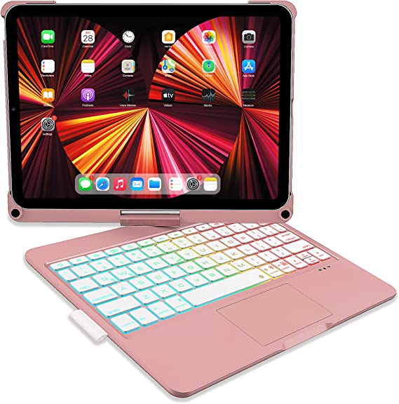 iPad Pro 11 inch Keyboard Case 2021 360° Trackpad Keyboard 2020 2nd Gen, iPad Air 4th Generation Smart Backlit Keyboard, Bluetooth Connect - Protective Cover with Apple Pencil Holder (Rose Gold)