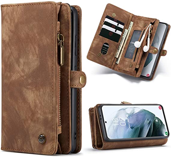 SWP Case for Samsung Galaxy S21 Ultra, Wallet Case w/Magnetic Detachable Cover [11 Card Slots] Clutch Wallet w/Wristlets Money Pocket Case Compatible with Samsung S21 Ultra 2021 (Brown)