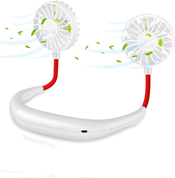 Around Neck Fan Portable, Personal iköer Fan Necklace USB Rechargeable with Dual Cooling Wind Head for Outdoor Office Sport Travel (White)