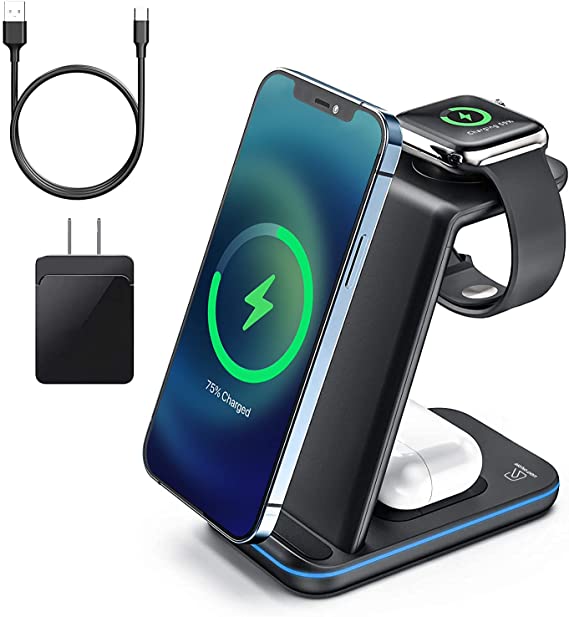 Wireless Charger Stand,3 in 1 Wireless Charging Station,15W Fast Charging Pad Dock for Apple Watch Series SE 6,AirPods,iPhone 12/11 Pro/X/Xr/Xs/8 Plus,Samsung,Qi-Certified Phones(with QC3.0 Adapter)