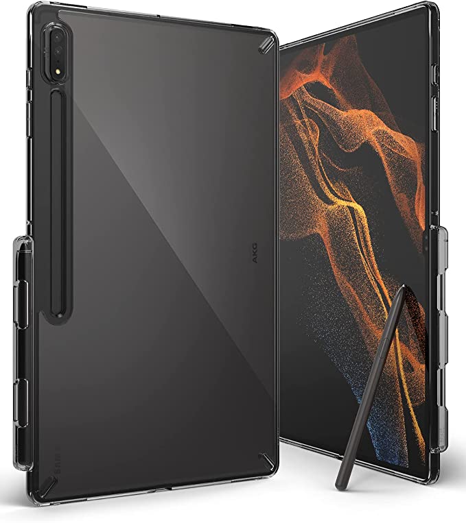 Ringke Fusion Case Compatible with Samsung Galaxy Tab S8 Ultra (2022), Clear Hard Back Shockproof Flexible TPU Bumper with Built-in Stylus S Pen Holder - Smoke Black