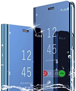 Larook case for Samsung Galaxy S22 5G, Luxury Mirror Makeup Mirror, Multi-Function Folding Bracket Protective Cover, Intelligent toughened Film Protective Shell.-Blue
