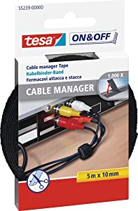 Tesa UK 5 m x 10 mm On and Off Hook and Loop Cable Manager, Black