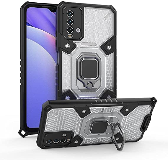 كفر متوافق مع شاومي Redmi 9T جراب الحماية المتكامل ايرون مان ضد الصدمات ظهر شفاف خلية نحل حواف سوداء مع حلقة مسند وحبل تعليقة للموبيل