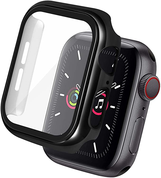 Insten Case Compatible with Apple Watch 44mm Series SE 6 5 4, Built in Tempered Glass Screen Protector Plating Hard Cover, Full Protection, Black