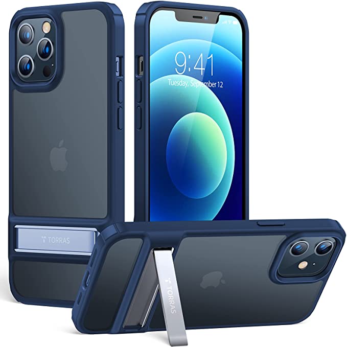 TORRAS MarsClimber Compatible for iPhone 12 Case/iPhone 12 Pro Case [3 Stand Ways] [10X Military Armor-Level Shockproof] Translucent Matte Back with Metal Kickstand, Matte Blue