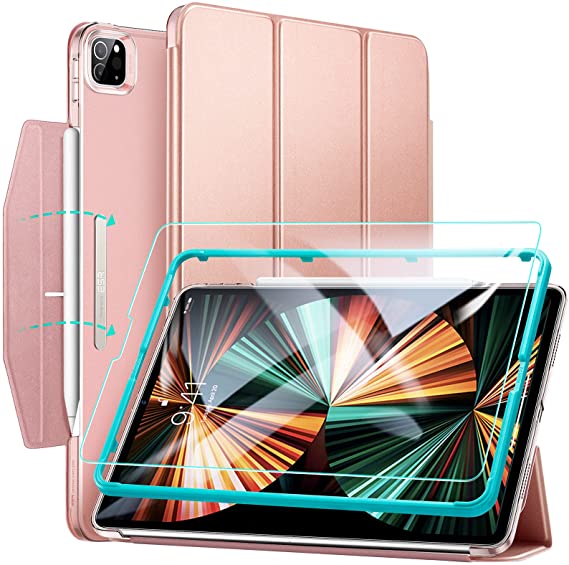 ESR Case Compatible with iPad Pro 12.9 Inch 2021 (5th Generation, 5G), Trifold Smart Case with Tempered Glass Screen Protector, Auto Sleep/Wake, Supports Pencil Wireless Charging, Rose Gold