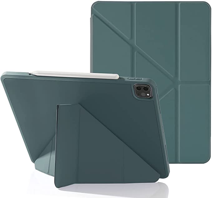 Origami Case for iPad Pro 12.9 Inch 2021/2020/2018 with Pencil Holder, 5-in-1 Multiple Viewing Angles, Smooth Silicone Cover & Soft TPU Back, Auto Sleep/Wake & Pencil 2 Charging Folio (Midnight Green)