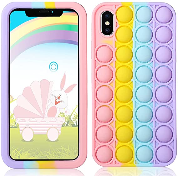 Aupartuds Pop It Phone Case for iPhone XR,Stress Reliever Push Pop Bubble Fidget Toys Cover,Cute Funny Soft Silicone Protective Shell for iPhone XR 6.1 inch - Rainbow