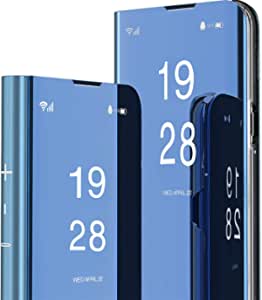 Lisuee Compatible with Galaxy A52 5G Phone Case, Slim Clear View Flip Plating Makeup Mirror Electroplate Case Cover Shockproof with Kickstand for Samsung Galaxy A52 5G Mirror Blue