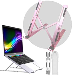 Tech-3dom Laptop Stand, Holder, Desk. Foldable, Portable, Ventilated, Cooling Stand, Non-Slip, for all laptops (10"-18"),Tablet/Mobile phone. Lightweight, 9-Adjustable heights, Eco (Pink)