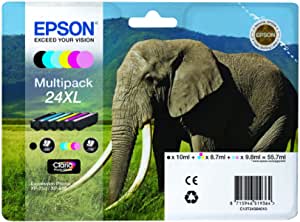 Epson 24XL Elephant High Yield Genuine Multipack, 6-colours Claria Photo HD Ink Cartridges, Amazon Dash Replenishment Ready