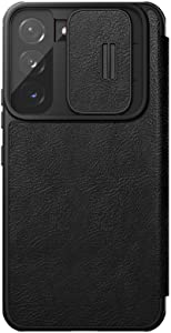 Nillkin Case for Samsung Galaxy S22 Plus (6.55" Inch) Qin Pro Camshield Camera Slider Genuine Classic Leather Flip Folio + Card Slot Black Color