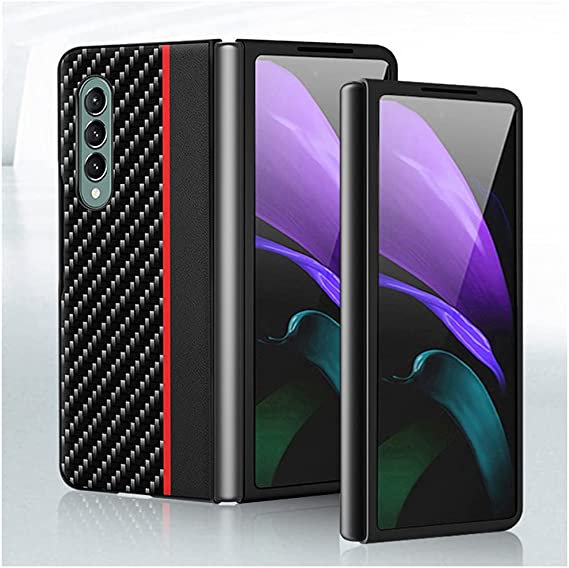 DOOTOO for Samsung Galaxy Z Fold 3 Case Luxury Carbon Fiber PU Leather Hybrid PC Shockproof Anti-Scratch Fold Cover Case for Samsung Galaxy Z Fold 3 5G 2021 (Red)