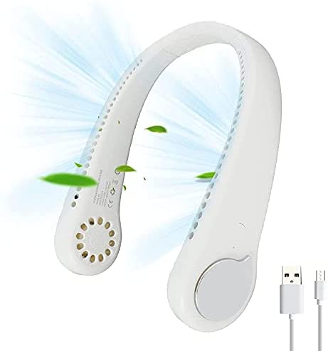 Portable leafless hanging neck fan, rechargeable USB neck fan, 3 wind speed hanging neck fans and 48 surround air outlets, suitable for outdoor family sports travel (White)