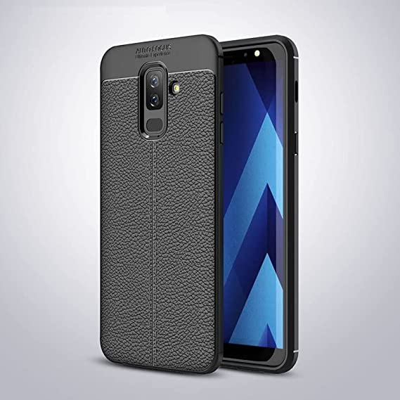 Samsung Galaxy A6 Plus 2018, Shockproof Original Leather Pattern Back Case Cover Carbon Fiber From CompuMisr - Black