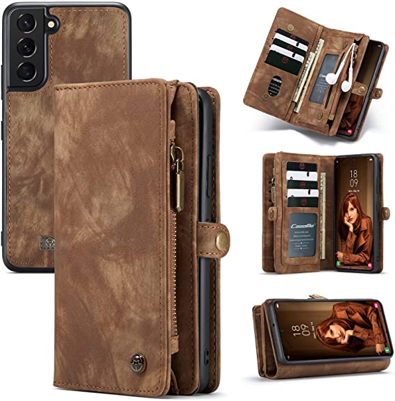 Kowauri for Samsung Galaxy S22 Plus Wallet Case,Zipper Purse Leather Shockproof TPU Bumper Detachable Magnetic Flip Case with Card Slots Stand Wallet Case for Samsung Galaxy S22 Plus 5G (Brown)