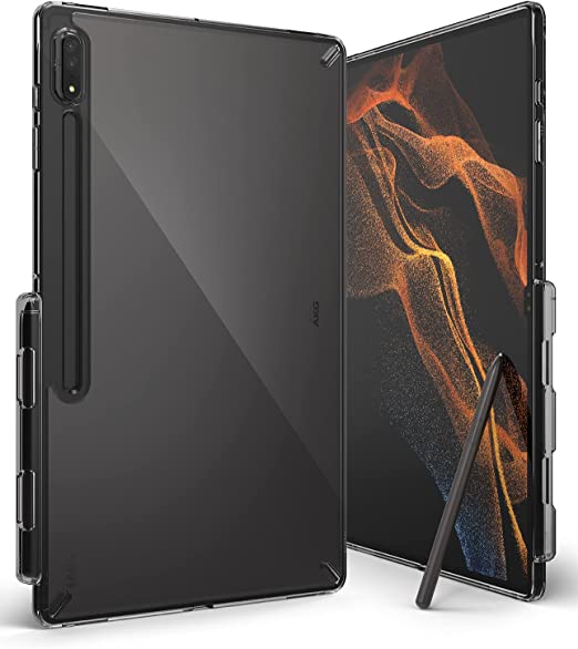 Ringke Fusion Case Compatible with Samsung Galaxy Tab S8 Ultra (2022), Clear Hard Back Shockproof Flexible TPU Bumper with Built-in Stylus S Pen Holder - Smoke Black