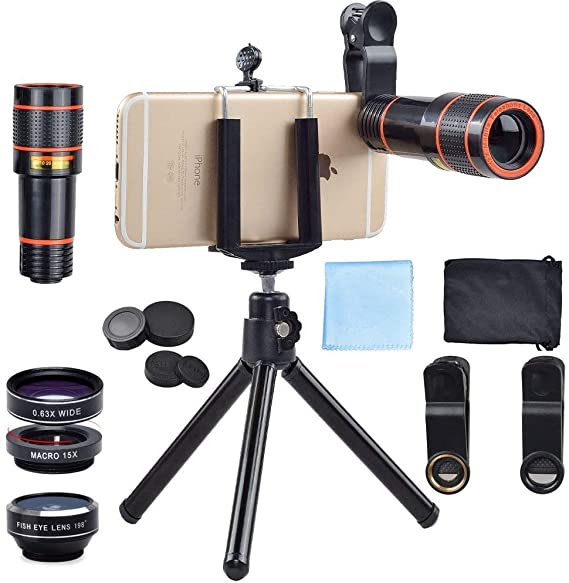 Apexel 4 in 1 12x Zoom Telephoto Lens + Fisheye + Wide Angle + Macro Lens with Phone Holder + Tripod for iPhone 12/11//XS Max/XR/XS/X 8 7 Plus, Samsung, OnePlus, Huawei, Pixel and More Phones