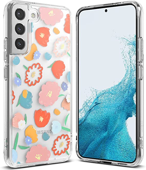Ringke Fusion Design Compatible with Samsung Galaxy S22 5G Case (2022), Clear Hard Back with Flowers Girls Women Design Print Shockproof TPU Bumper Phone Cover - Floral