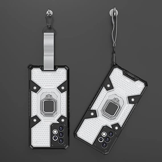 جراب لهاتف Samsung Galaxy A72 جراب أصلي جديد الكل في واحد من GrabMobily. جراب حماية مزدوج مقاوم للصدمات - مزود بمسند خلفي وحامل يد حلقة وحبل قصير - شفاف وأسود