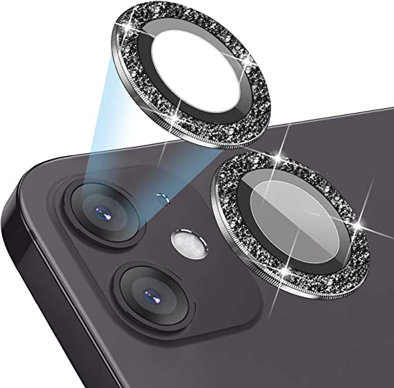 GAHOGA Bling Gillter Camera Lens Protector Compatible for iPhone 12(6.1") /12mini(5.4") /11(6.1"), HD Anti-Scratch Shatter-Proof Metal Full Coverage Tempered Glass Screen Protector (Black Diamond)