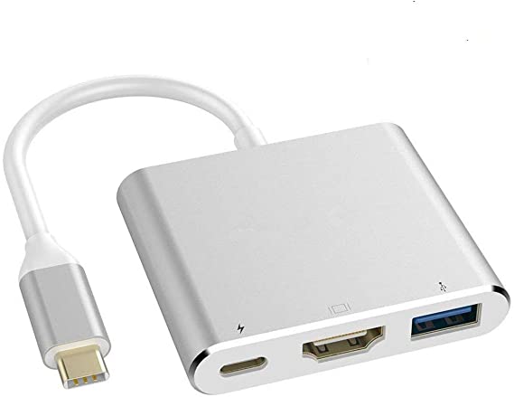 USB-C to HDMI Adapte USB 3.1 Type C to HDMI 3-in-1Multiport Adapter 4K 30Hz USB 3.0+USB-C Converter Cable,Adapter Cable for Chromebook Pixel/New MacBook and More Type C Devices Color Silver