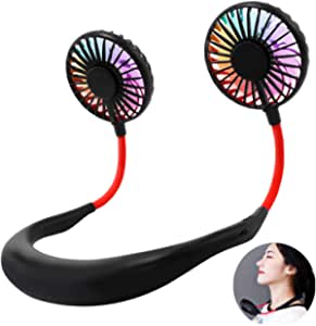 PGYFIS Hand Free Neckband Fan with LED Light Portable Fan Personal Fan Neckblace Fan with Dual Wind Head Mini USB Battery Rechargeable Headphone Design Wearable Fan for Traveling Office Home Black