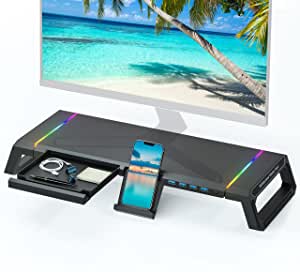 TopMate Monitor Stand for Desk RGB Gaming Lights with 4 USB 3.0, Foldable Computer Screen Riser with Storage Drawer and Phone Holder (Black)