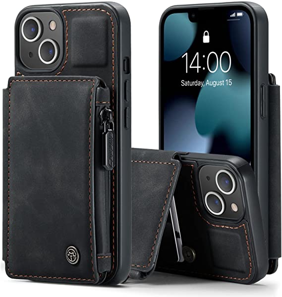 Kowauri Wallet Case for iPhone 13, Double Magnetic Clasp Zipper Purse PU Leather Wallet Case with Credit Card Slot Holder Back Flip Cover for iPhone 13 6.1 inch 2021 (Black)