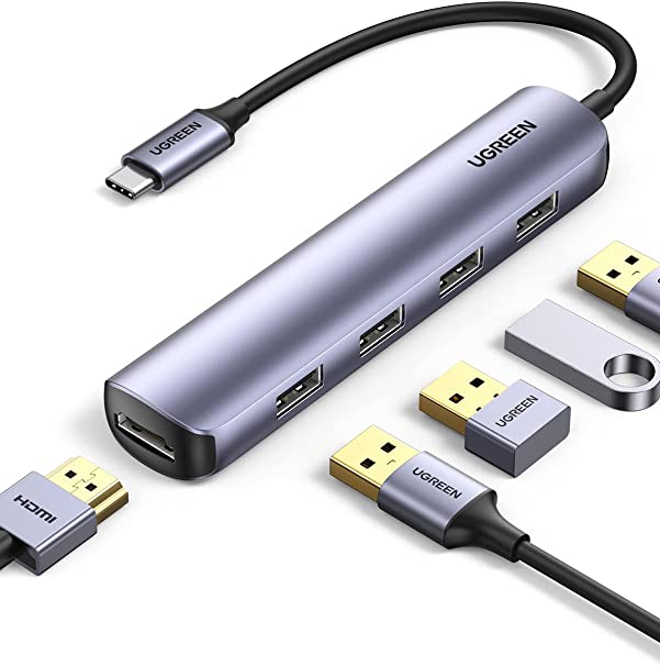 UGREEN 5-in-1 USB C Hub HDMI Multiports Adapter Ultra Slim Type C Dock with 4 USB 3.0 Ports Data Transfer 4K HDMI Compatible with M1 Macbook Pro/Air 2021/iPad Pro 2021/iPad Air 4/XPS, Galaxy S21+,etc
