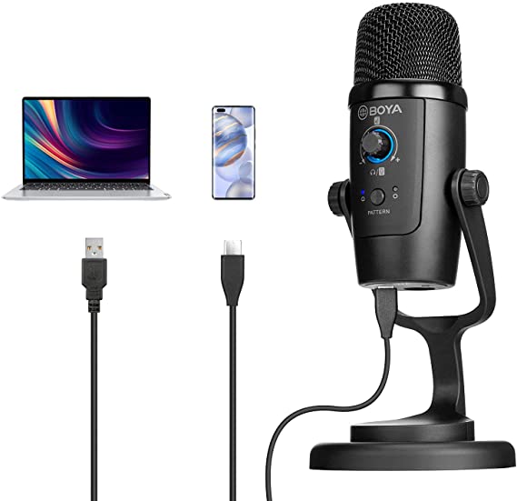 USB Computer Microphone Studio Condenser, BOYA BY-PM500 Desktop Mic with Multiple Pickup Patterns & Monitoring for Recording Streaming on PC & Mac, Windows, for YouTube, Facebook Live, Games