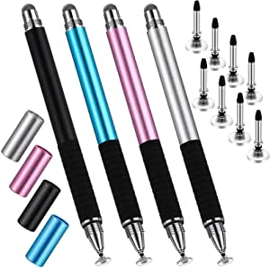 Konohan 4 Pack Capacitive Stylus Pen for Touch Screens with 8 Pieces Replacement Tips 2 in 1 Precision Series Stylist Pens Fine Point Disc Tip Stylus for Cell Phone Tablet Laptop Drawing, 4 Styles