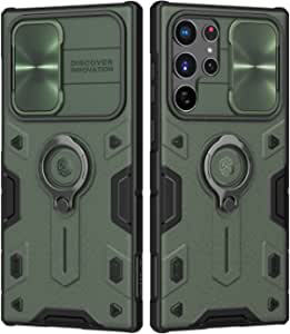 Nillkin Designed for Samsung Galaxy S22 Ultra Case with Kickstand & Camera Cover, CamShield Armor Case with Slide Camera Protection and Rotate Ring Stand, Military Grade Shockproof Case, Green