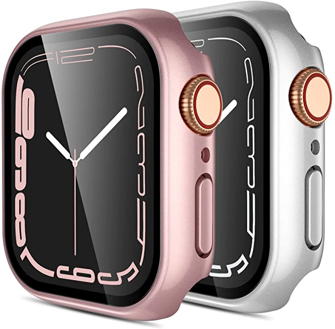 GEAK 2 Pack Case Compatible with Apple Watch 41mm with Screen Protector, Full Coverage Bumper Cover Defense Edge for iWatch Series 7, Rose Gold/Silver